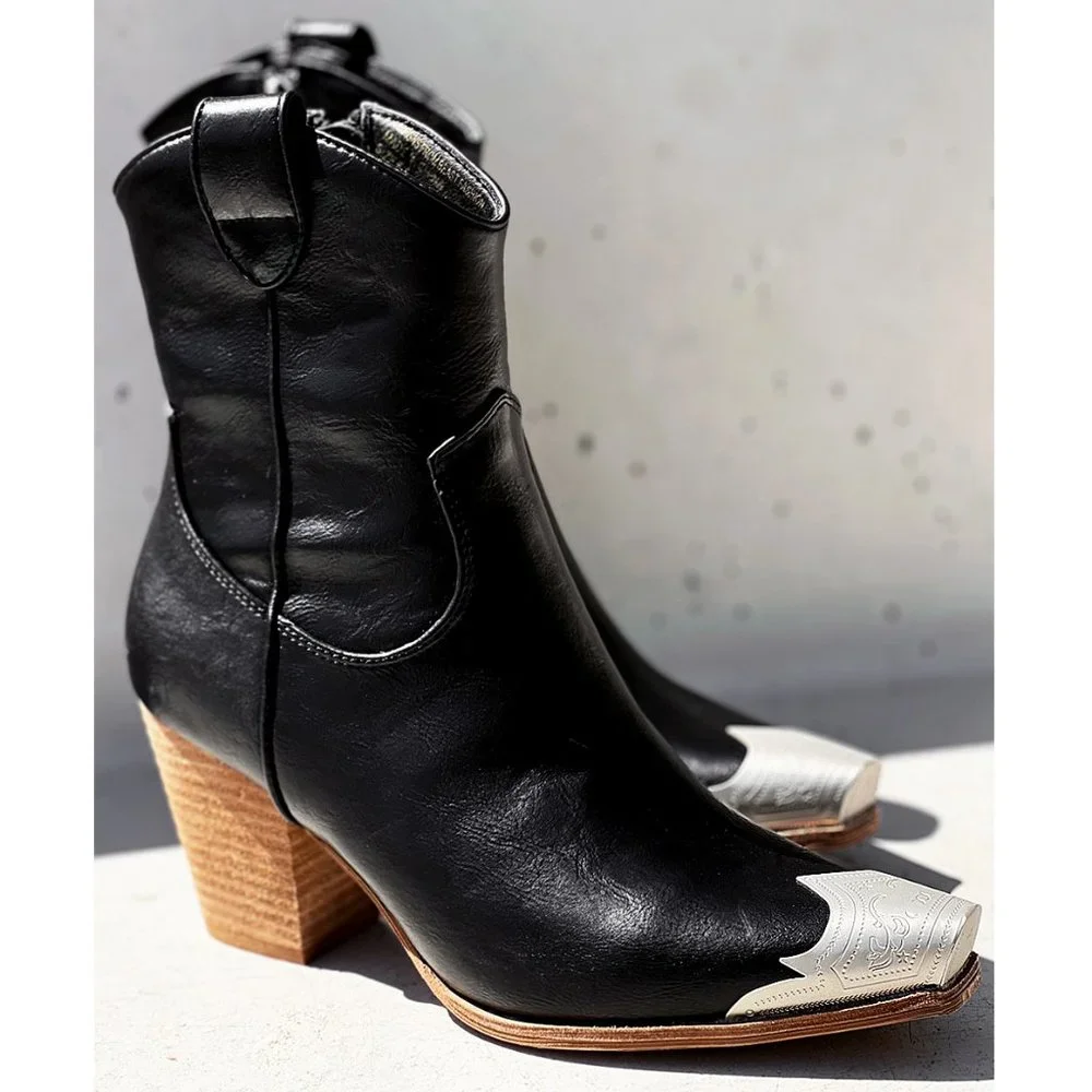 NEW Black PU Leather Metal Cap Toe Block Heel Cowgirl Cowboy Western Ankle Boots - Picture 4 of 14